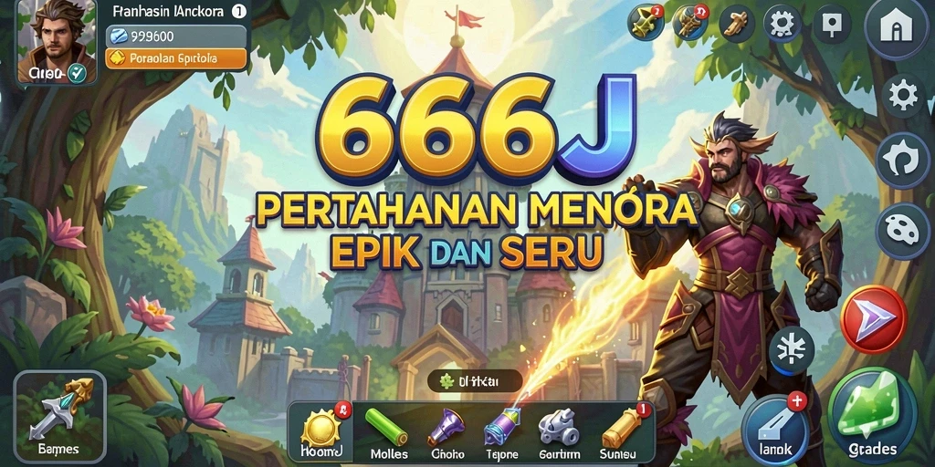 Screenshot gameplay <strong>666J</strong> menunjukkan aksi pertahanan menara yang intens.