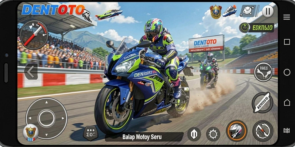 Gameplay seru DENTOTO dengan balapan motor yang mendebarkan.