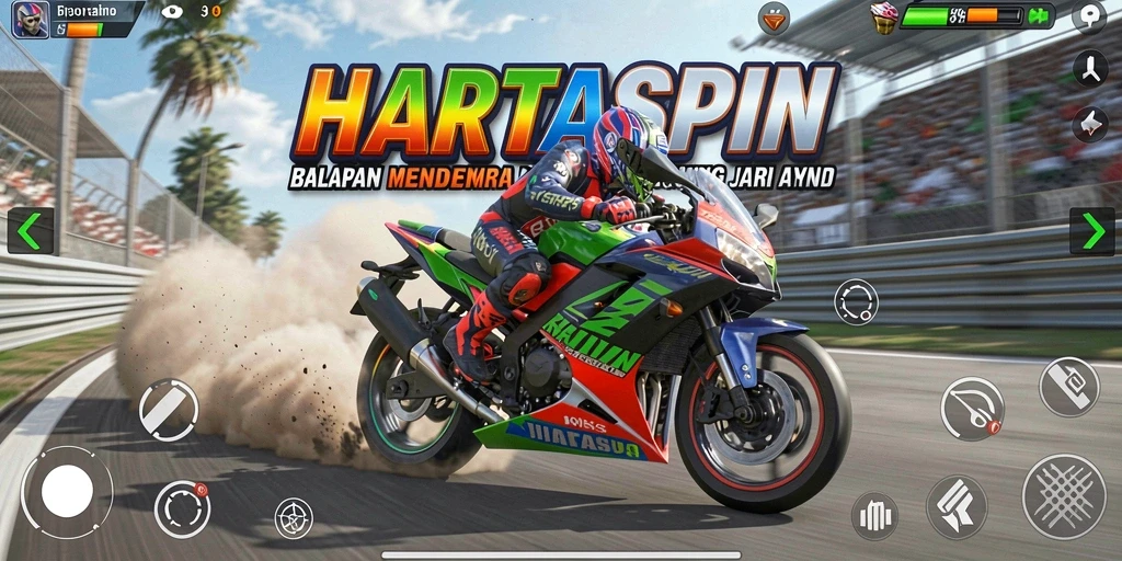 Tampilan gameplay HARTASPIN dengan motor yang melaju kencang di trek balap.