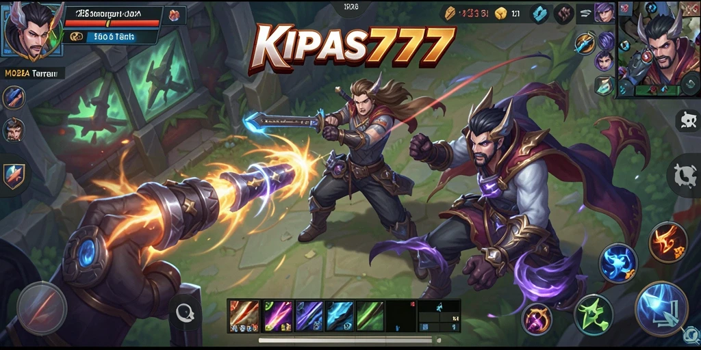 Tampilan gameplay KIPAS777 dengan aksi pertarungan MOBA yang seru.