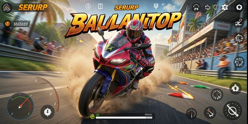 Tampilan gameplay SERURP dengan balapan motor yang menarik dan mendebarkan.